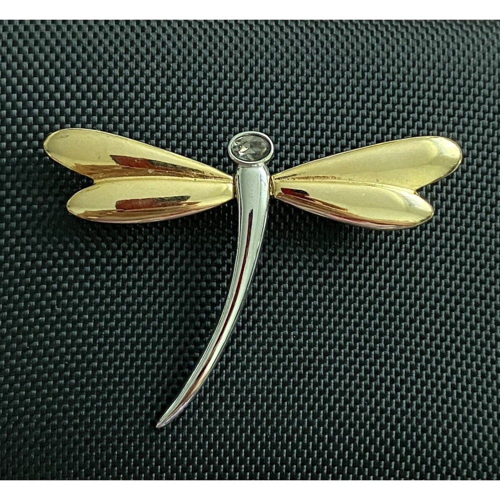 VTG DRAGONFLY Signed LC Liz Claiborne 2 Tone Silver Gold Rhinestone Brooch Pin
